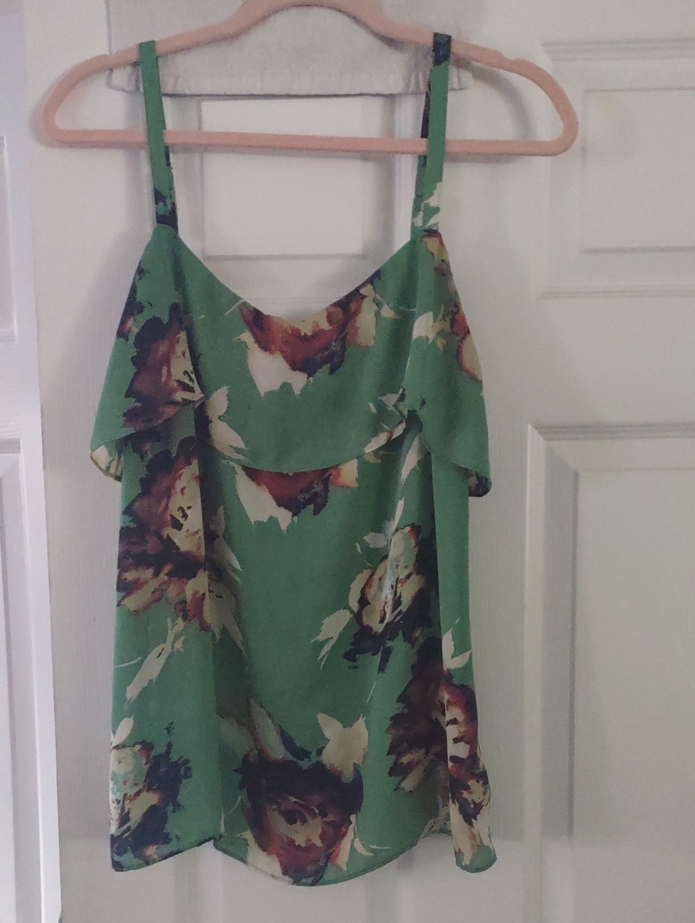 cabi Floral Camisole in Green with Multicolor Print.  Adjustable Straps Size Med